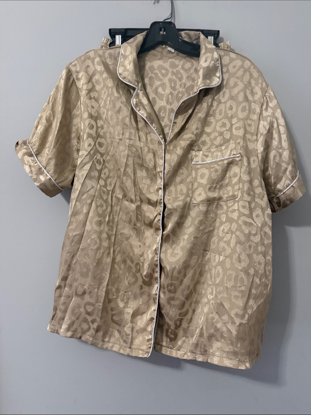Short Sleeve Satin Leopard-Print Pajama Set- Beige